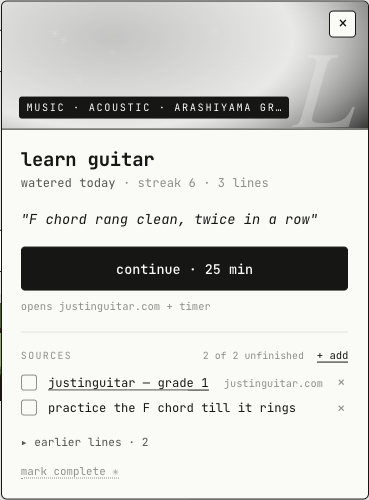 A project card: state, last line, sources, water button